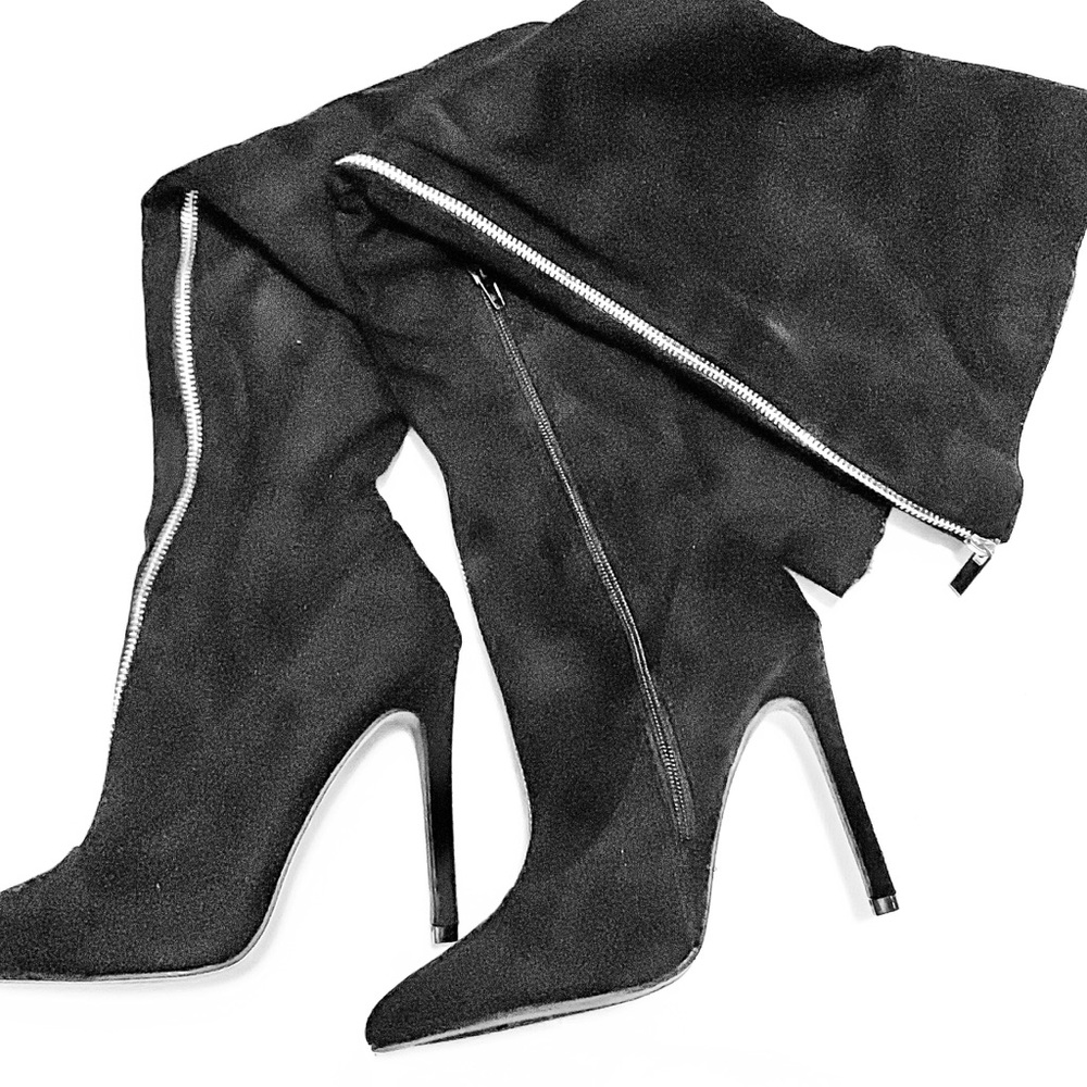 Black Over the Knee Boots with Zipper Detail